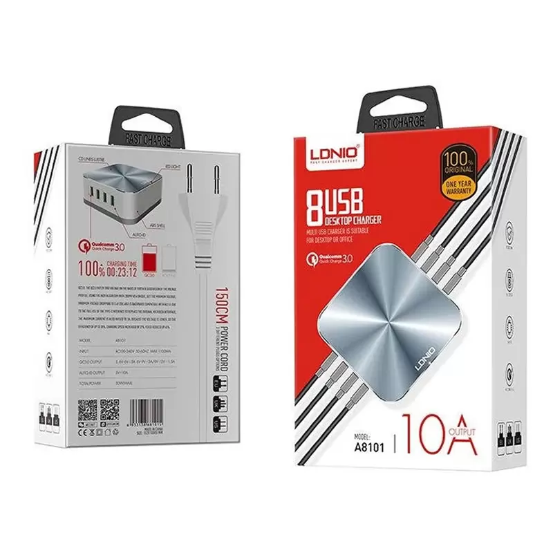 Зарядка сетевая LDNIO A8101 (на 8 USB портов/ QC 3.0/ Выход: 5V_9V_12V, 50W) White&Gray
