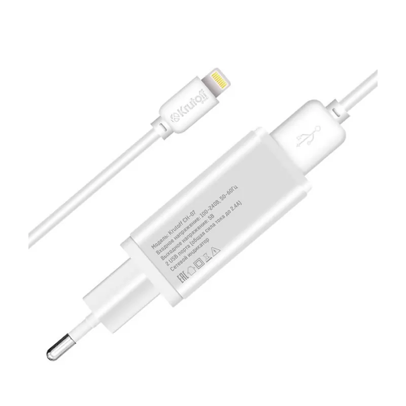 Сетевая зарядка Krutoff CH-07L (2xUSB, 2.4A + кабель Lightning) (white) Сетевая зарядка Krutoff CH-07L (2xUSB, 2.4A + кабель Lightning) (white)