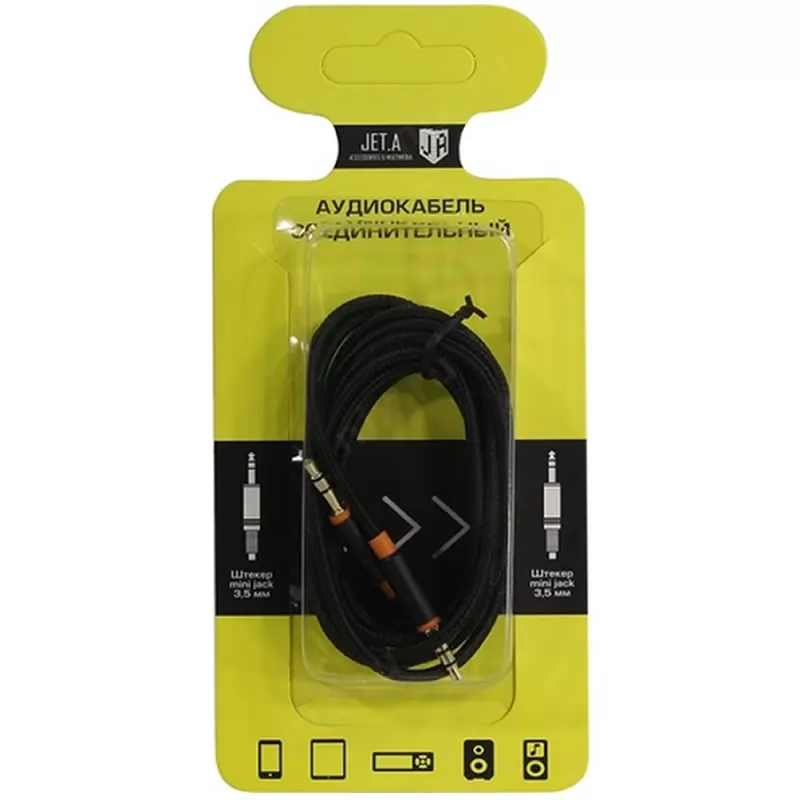 Аудиокабель соединительный Jack 3.5 - Jack 3.5 Jet.A JA-AC02 (чёрный, оплетка) 1м. Аудиокабель соединительный Jack 3.5 - Jack 3.5 Jet.A JA-AC02 (чёрный, оплетка) 1м.