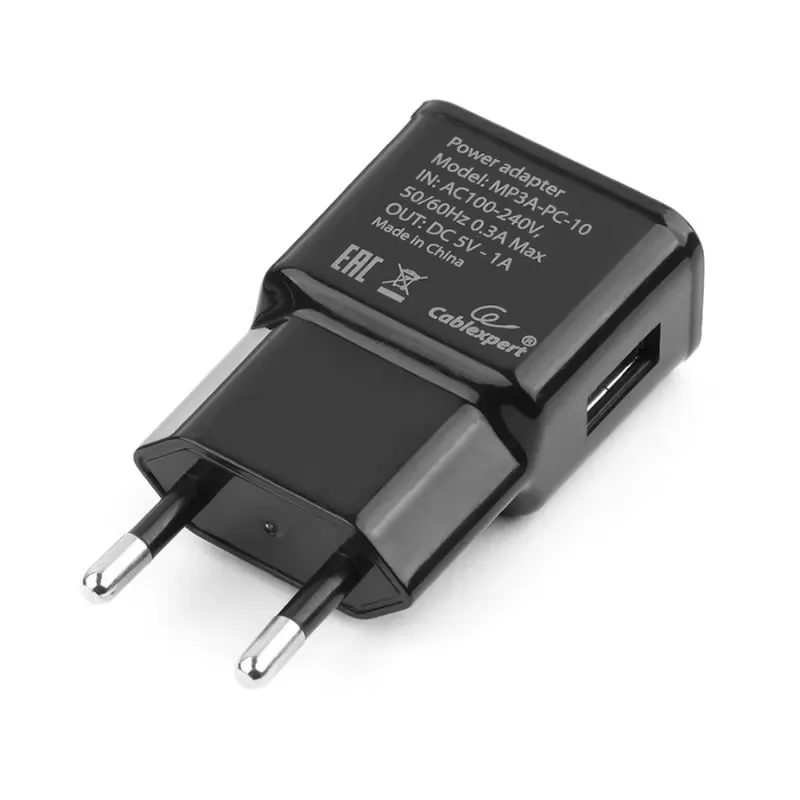 Зарядка сетевая Cablexpert MP3A-PC-10 (USB 1 порт, 1A) черный