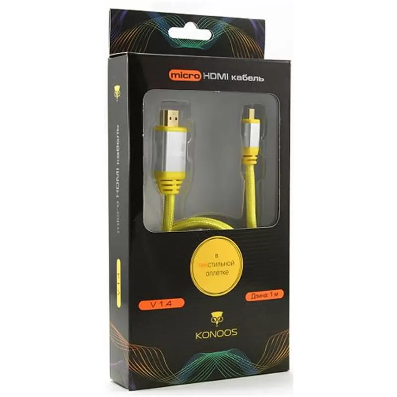 Кабель HDMI(m) - microHDMI(m) Konoos KCP-HDMIDny (v1.4, коробка, желтый) 1м.