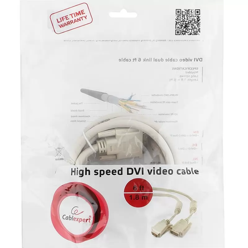 Кабель DVI-D dual link Cablexpert CC-DVI2-6C (25M/25M, экран, феррит.кольца) 1,8м.