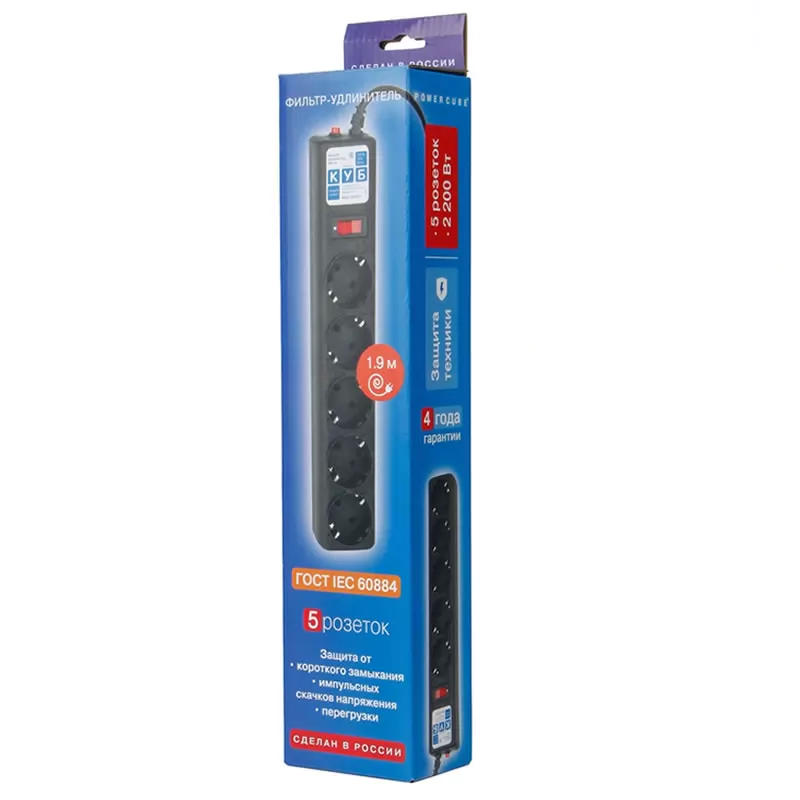 Сетевой фильтр Power Cube 3м. 5 розеток (10А/2,2кВт) черный графит Сетевой фильтр Power Cube 3м. 5 розеток (10А/2,2кВт) черный графит
