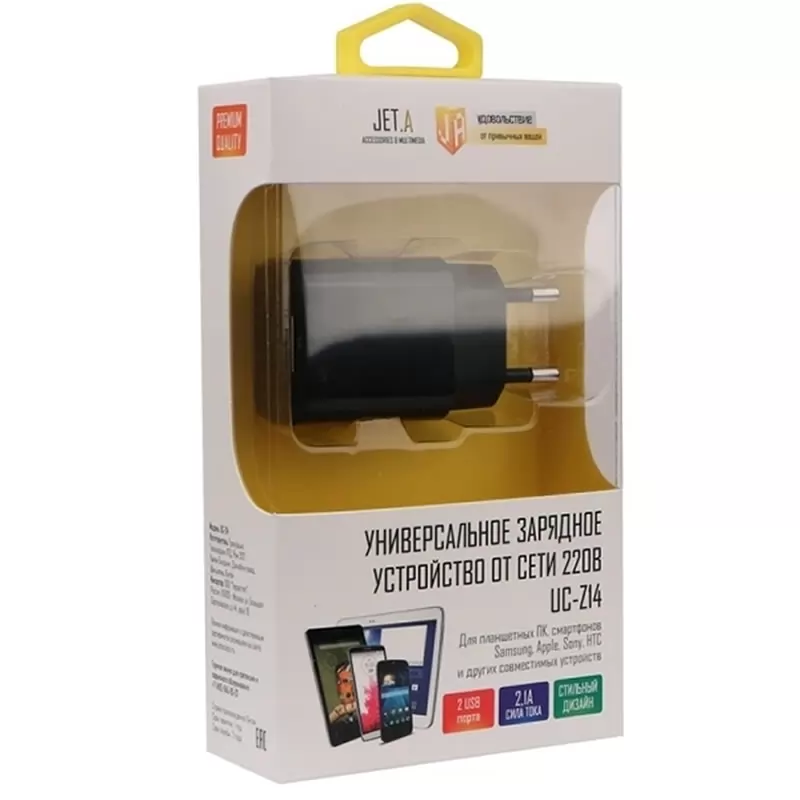 Зарядка сетевая Jet.A UC-Z14 (2USB, 2.1А), чёрное