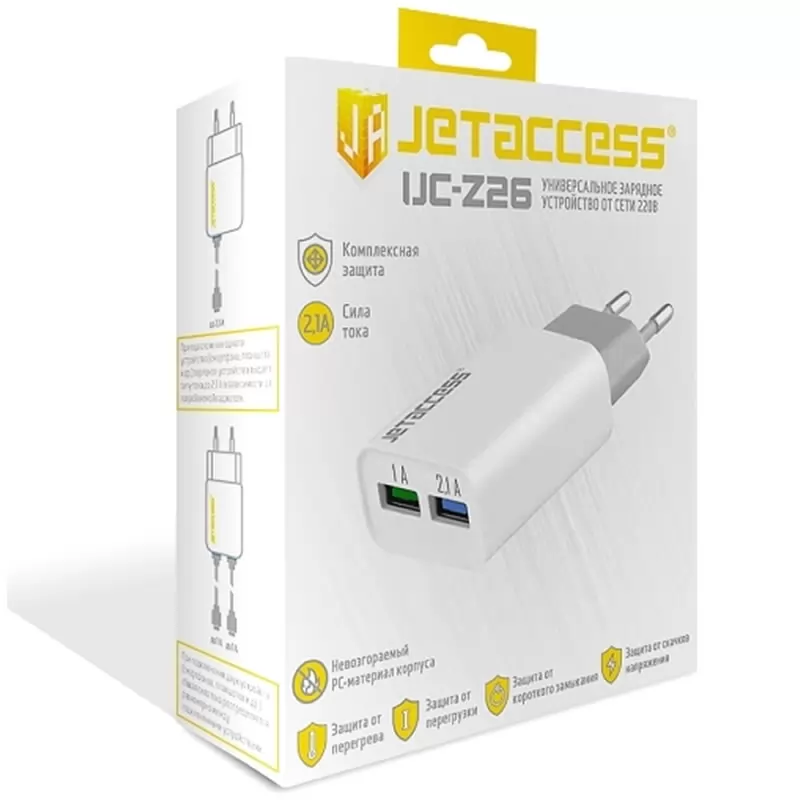 Зарядка сетевая Jet.A UC-Z26 (2USB, 2.1А), белое Зарядка сетевая Jet.A UC-Z26 (2USB, 2.1А), белое