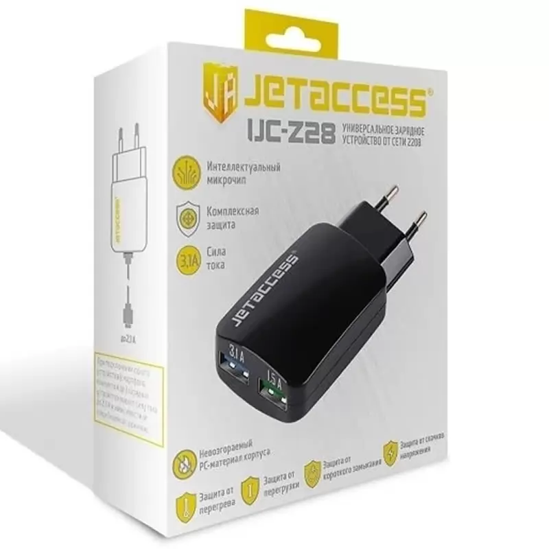 Зарядка сетевая Jet.A UC-Z28 (2USB, чип управления, 3.1А), чёрное Зарядка сетевая Jet.A UC-Z28 (2USB, чип управления, 3.1А), чёрное