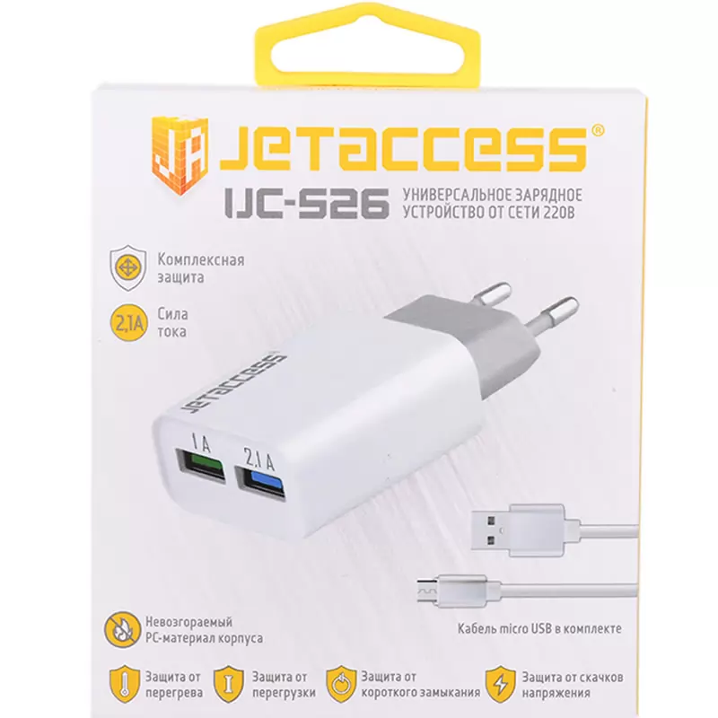 Зарядка сетевая Jet.A UC-S26 (2USB, 2.1А, кабель microUSB), белое Зарядка сетевая Jet.A UC-S26 (2USB, 2.1А, кабель microUSB), белое